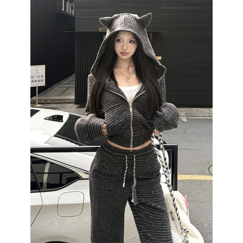 休闲套装复古条纹连帽长袖卫衣外套女冬季穿搭抽绳微喇叭裤两件套