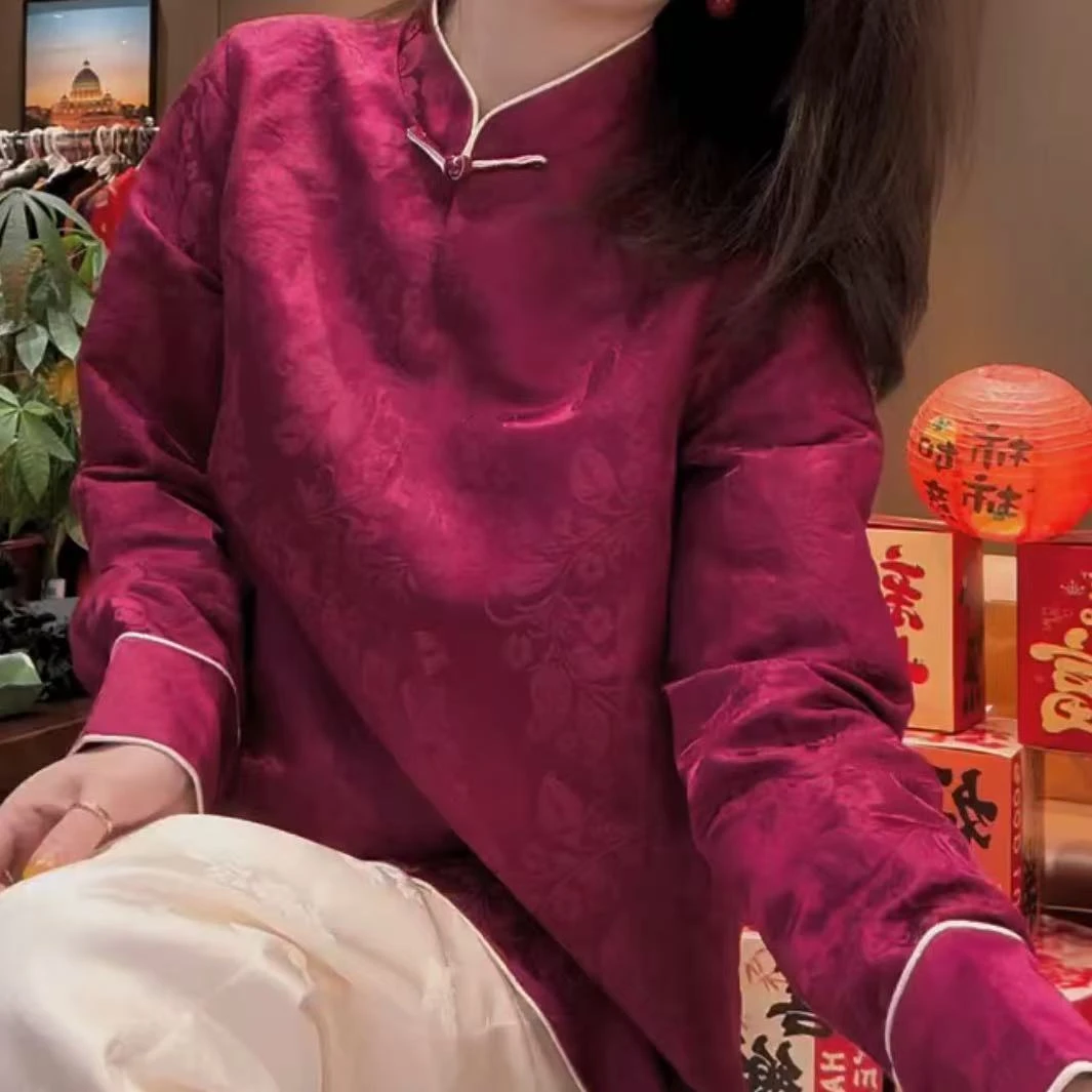 上衣网红新中式提花长袖复古女士中国风宽松立领打底衫气质小衫