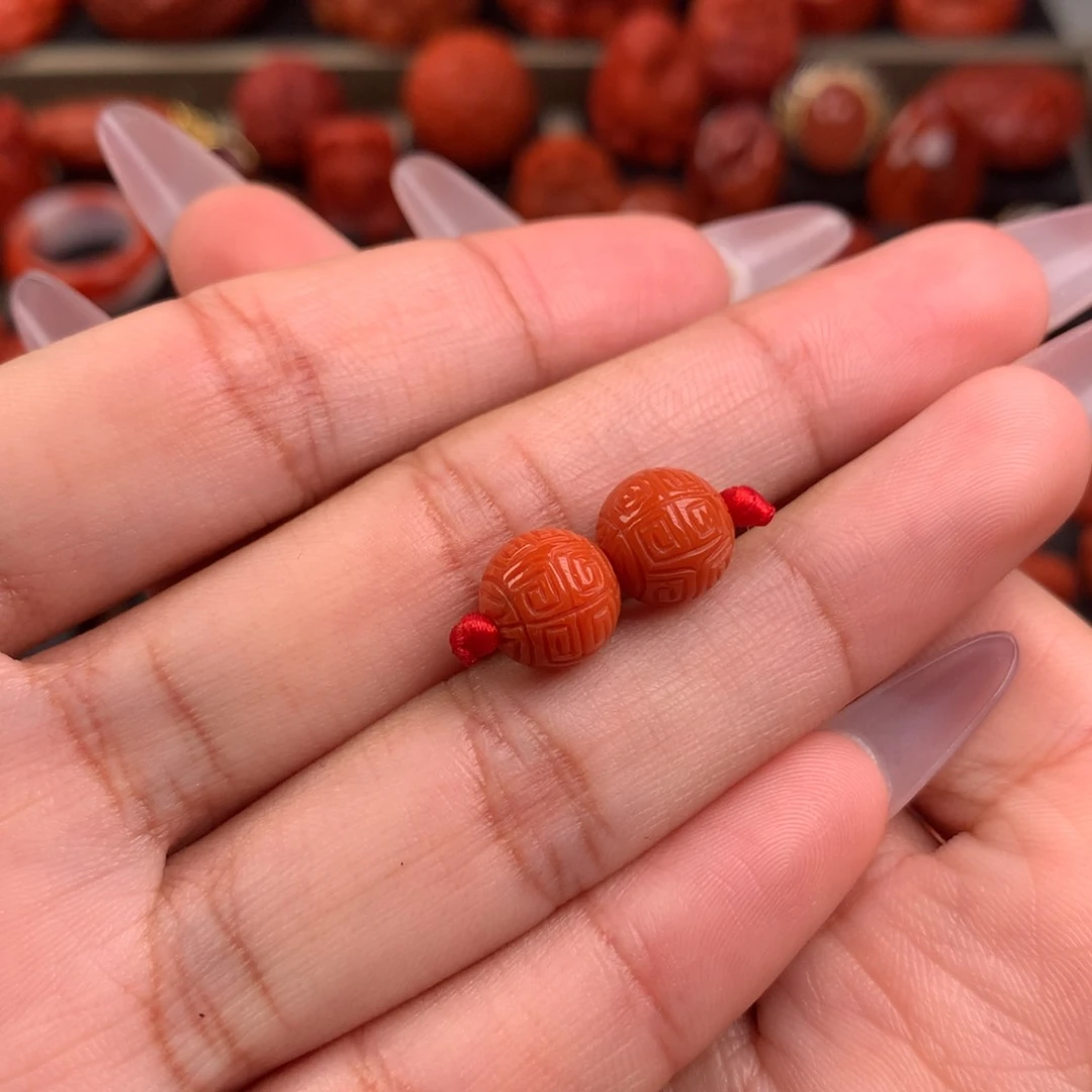 南红玛瑙精工雕刻回纹对珠9+未镶嵌