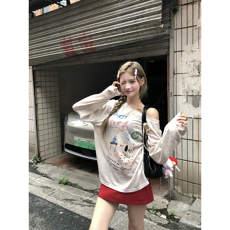 【七颗虾滑】2025设计感彩绘趣味印花休闲斜肩防晒长袖T恤252T2172#