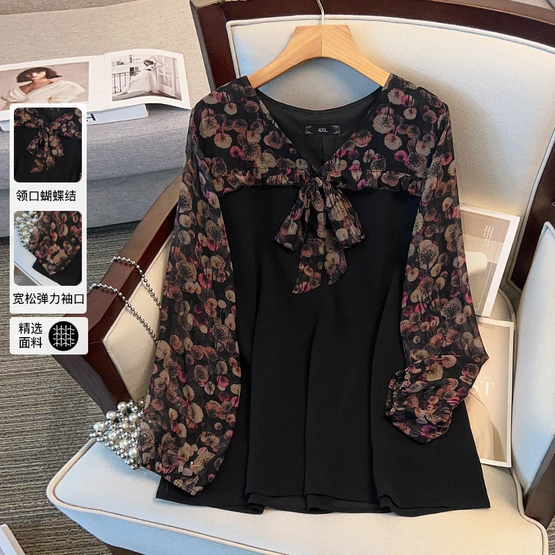 24540T大码女装新款洋气雪纺衫上衣宽松胖mm显瘦衬衣法式小衫T恤