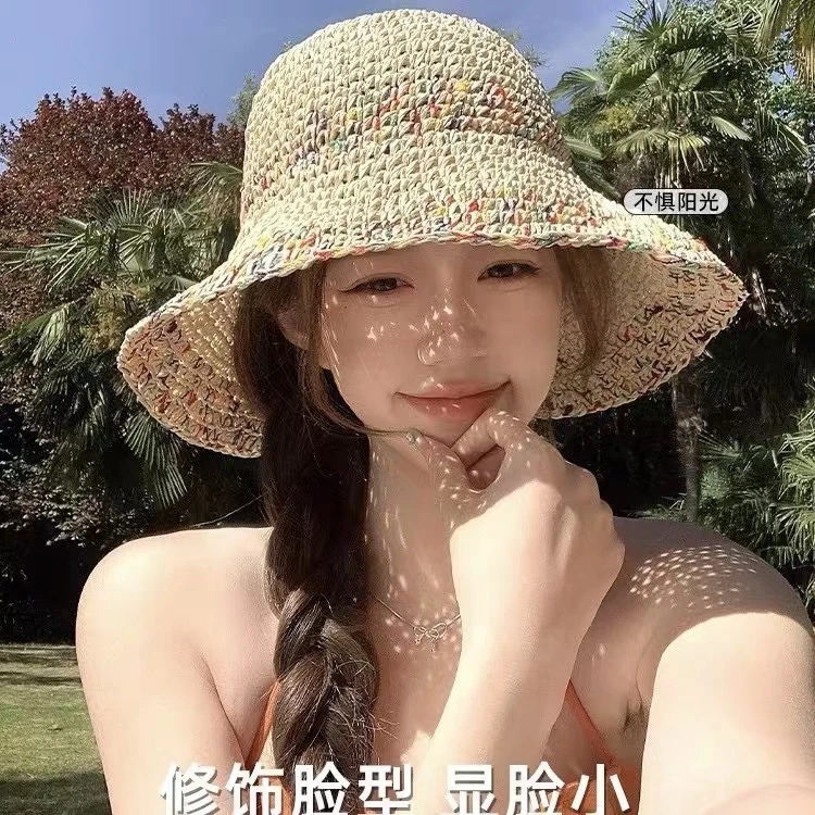 夏季镂空防晒遮阳帽透气沙滩帽彩色海边度假风宽檐编织防晒帽