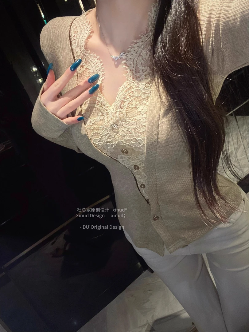 杜总家 古早软文女主*原创温柔气质娇欲性感蕾丝假两件修身女上衣
