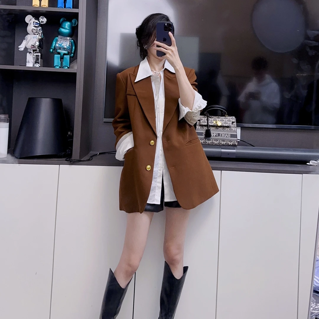 D双色!西装韩版西装外套西服大衣休闲咖色西装221101