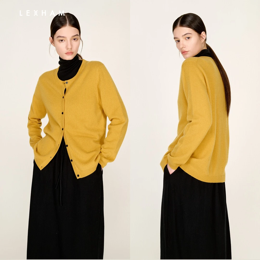 LEXHAM复古风气质羊绒休闲圆领系扣开衫LH16341431