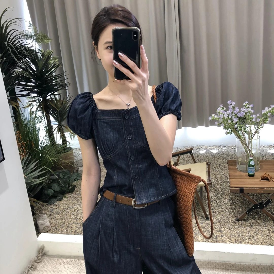 “牛津岛”博主时髦环葆复古牛仔上衣+显瘦高腰长裤套装（不含腰带）