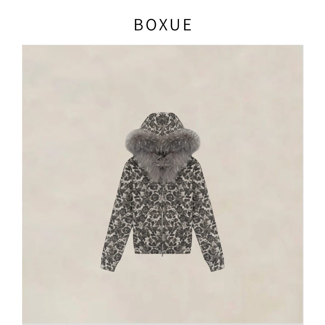 BOXUE“至珍”2025秋冬豹纹连帽貉子毛领轻奢 外套#250923W5125