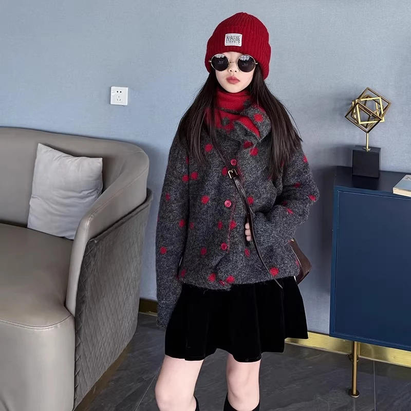 女童波点带围脖灰色毛衣外套黑色短裙2025新款冬季加厚针织开衫潮