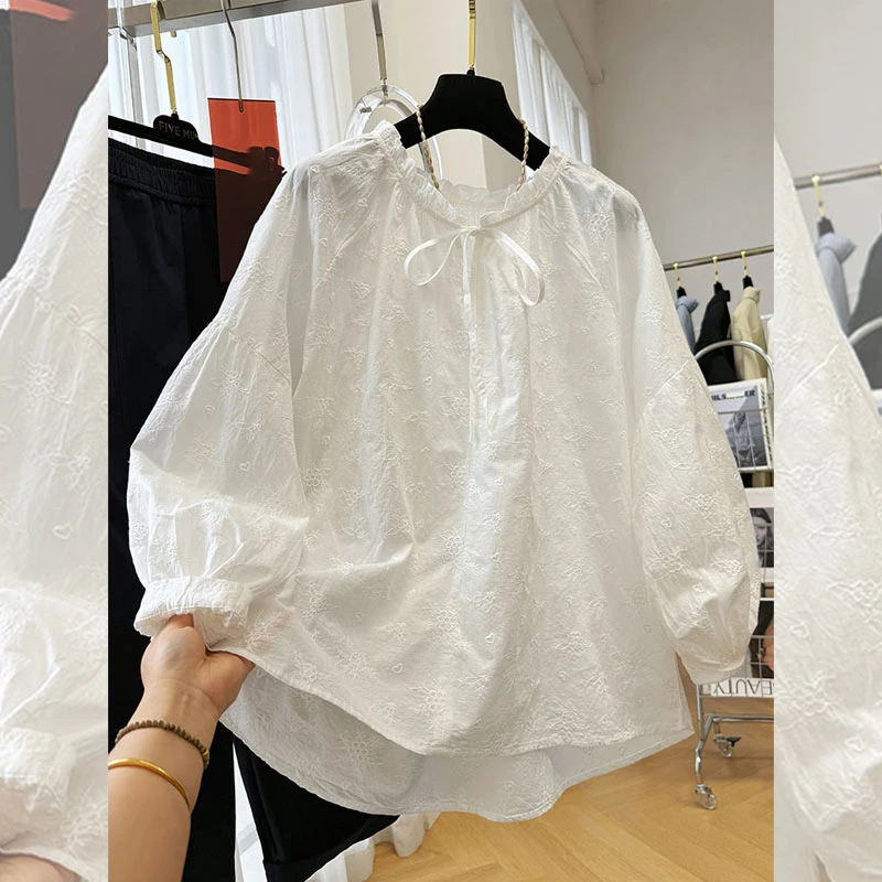春季镂空钩花衬衫木耳边领韩系娃娃衫设计感优雅系带长袖上衣女装