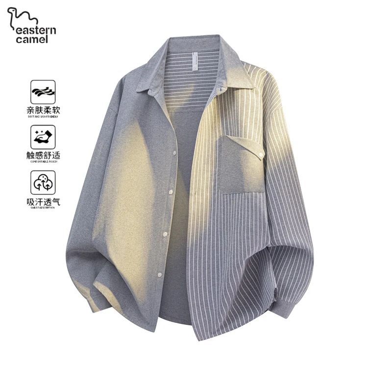 东方骆驼男款休闲衬衫2025年秋季新款细条纹宽松衬衫长袖男士衬衣