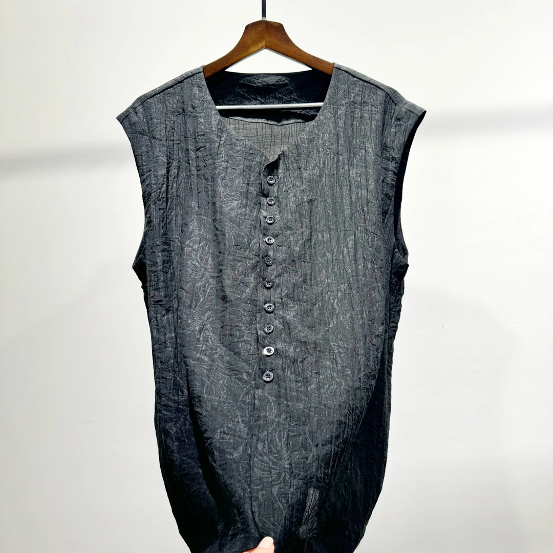 男士轻奢褶皱提花高级感坎肩衬衫夏季轻薄透气舒适老钱风无袖上衣