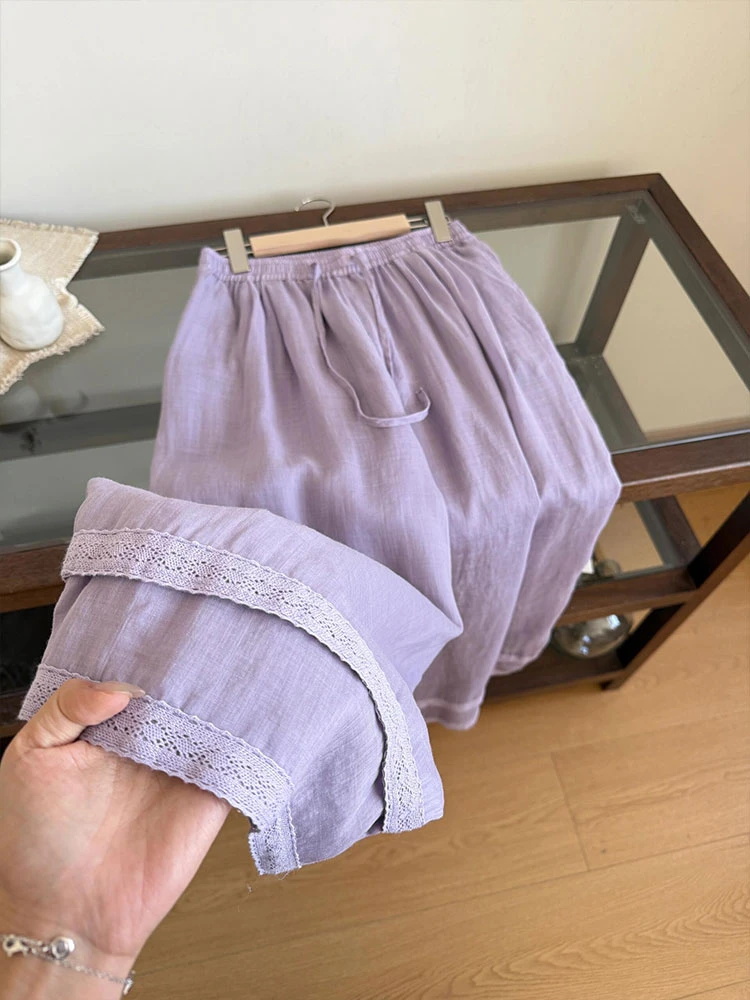 夏季2025新款推荐文艺国风双层蕾丝紫色气质阔腿裤女小众宽松裤子