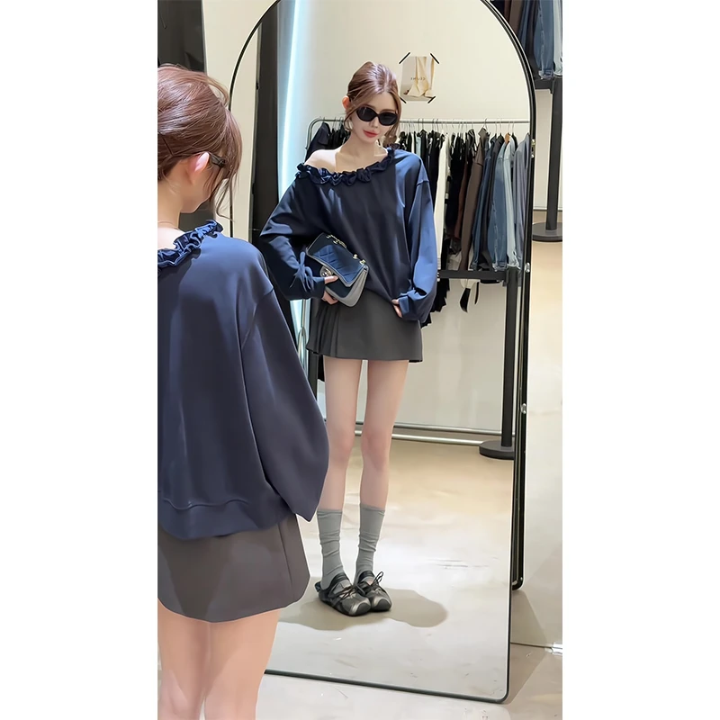2025新款女士秋季时尚穿搭木耳边斜肩宽松长袖卫衣高腰显瘦半身裙