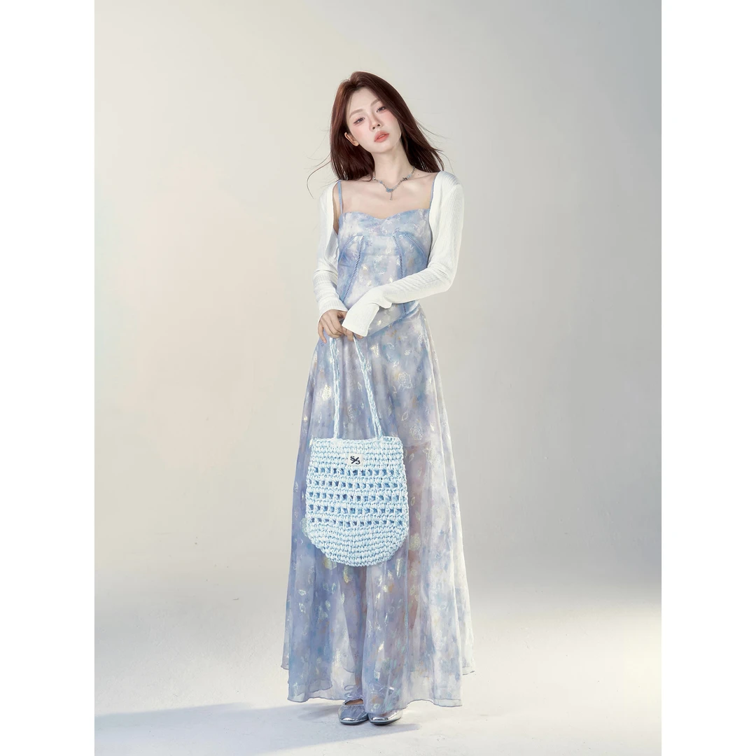 【小野莓】法式气质甜美设计感提花高腰修身网纱吊带连衣裙BL17700