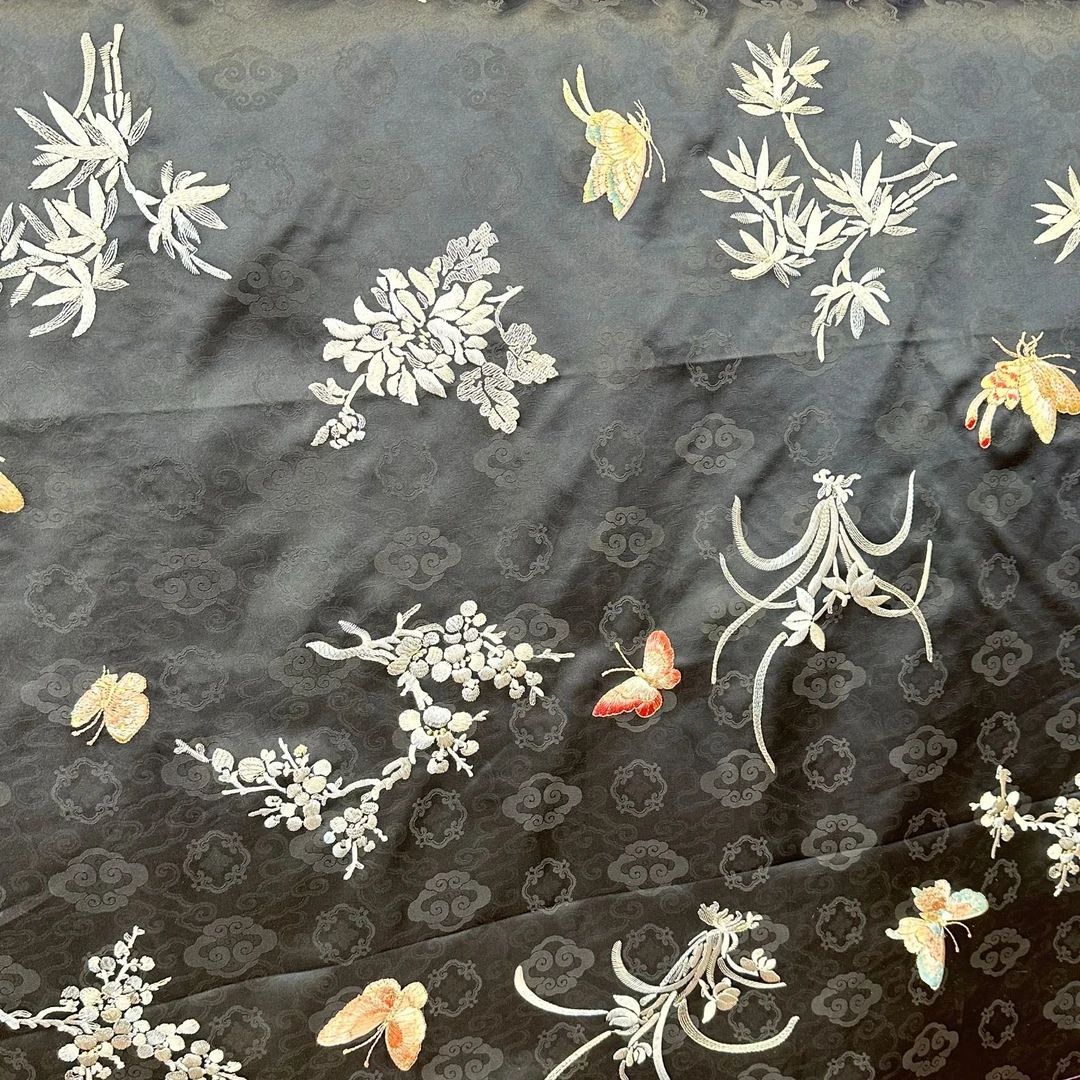 【蝶舞兰香黑】重工蝴蝶刺绣提花织锦缎宋锦典雅新中式风格布料面料