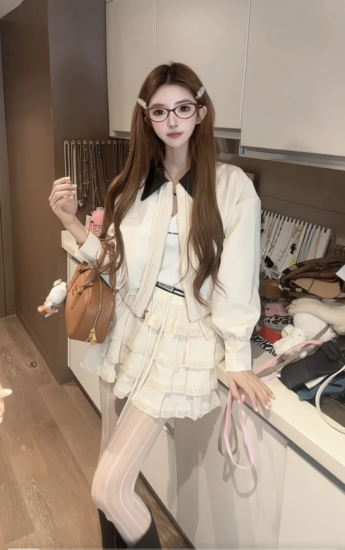 缪系设计感浅米杏色芭蕾风蕾丝拼接翻领短外套+蛋糕蓬蓬裙两件套