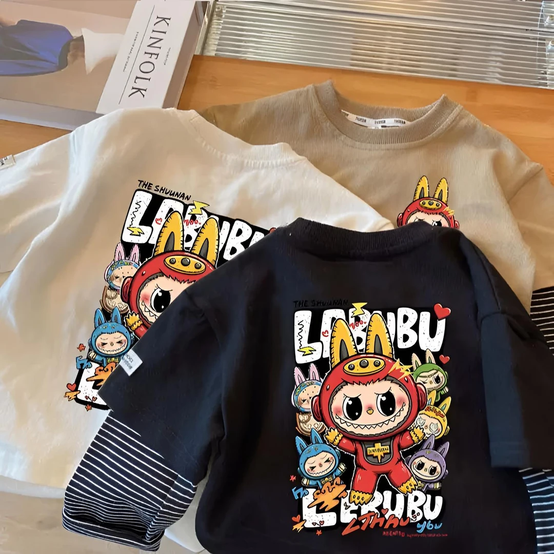 全棉男童卡通假两件长袖T恤2025春秋新款儿童帅气百搭上衣打底衫