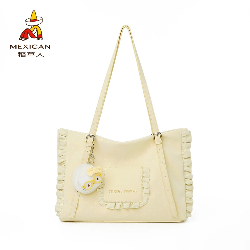 稻草人25年时尚百搭大容量波点花边拼接夏日感出门托特包单肩包测