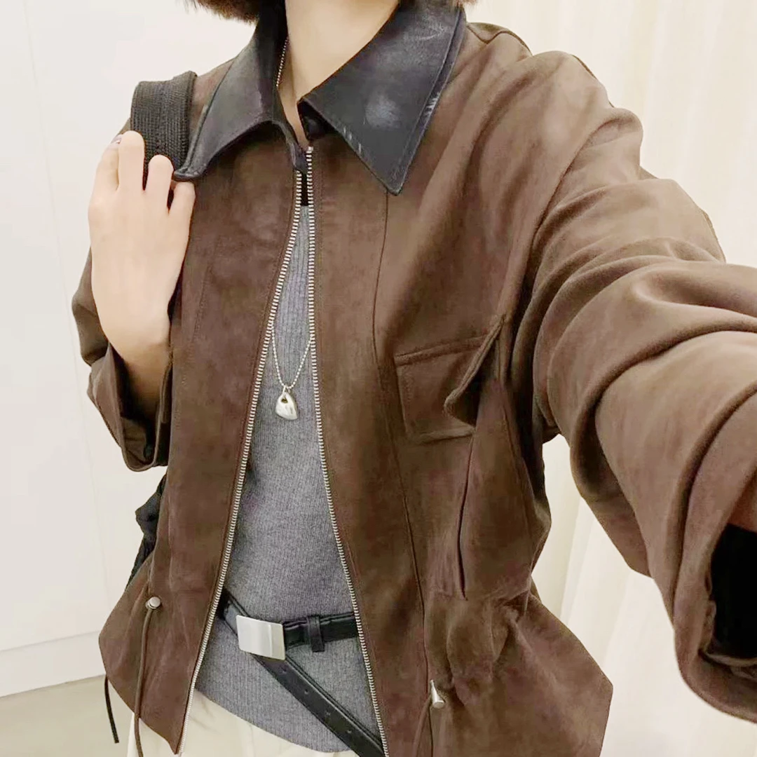 ［娜娜定制］F A10款麂皮绒拼水洗皮小翻领外套女士复古设计师款