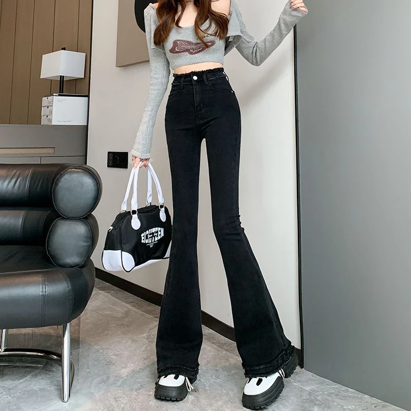 黑色百搭牛仔喇叭裤高弹高腰重工设计毛边款加长