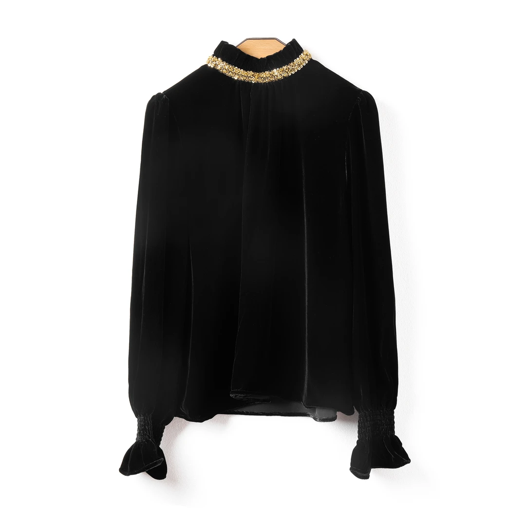 黑曜| 法式赫本轻奢重工钉珠复古优雅丝绒长袖上衣气质时尚打底