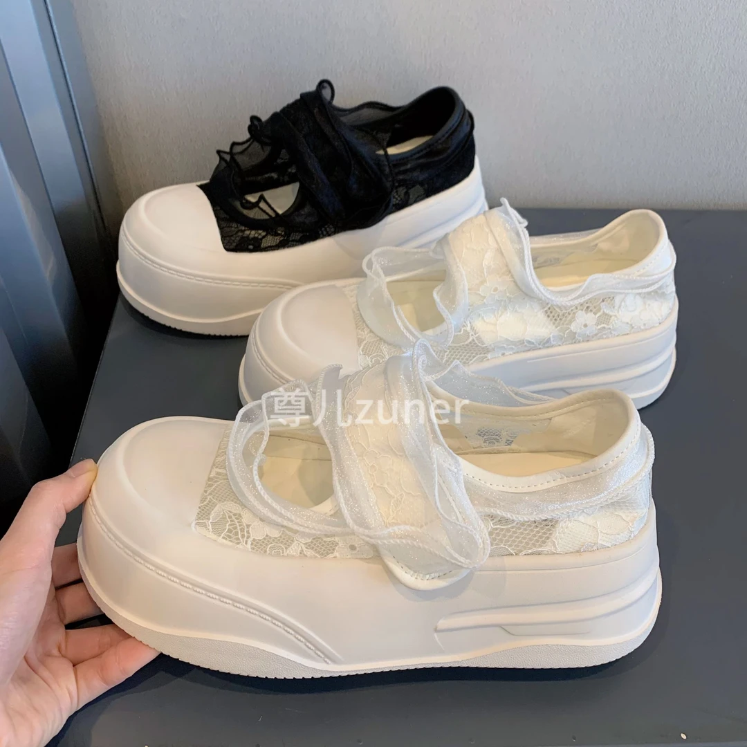 尊儿2025年春夏新款欧根纱网纱面厚底增高魔术贴镂空女鞋小众薄