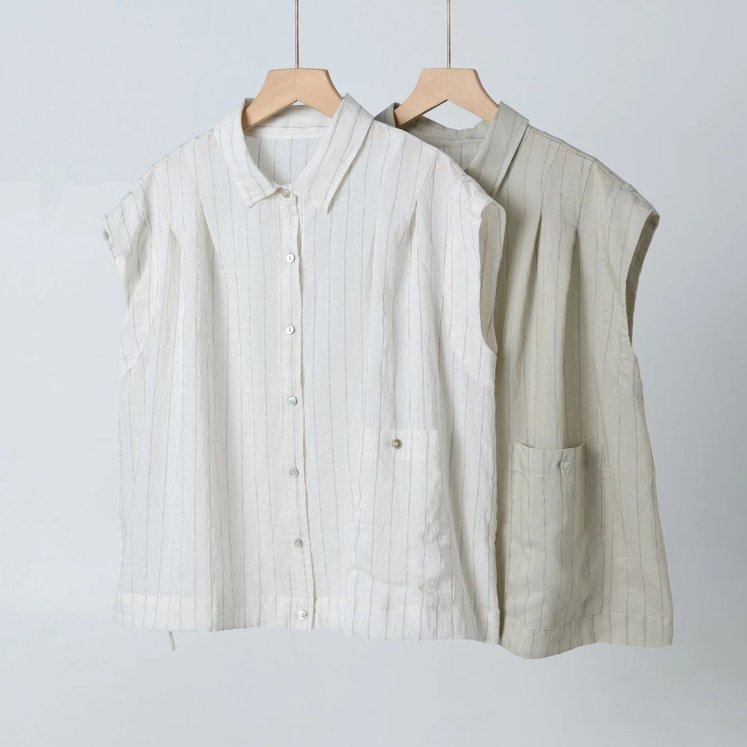 一线品牌捡漏撤柜棉麻短袖衫女夏季爆款宽松显瘦条纹7327