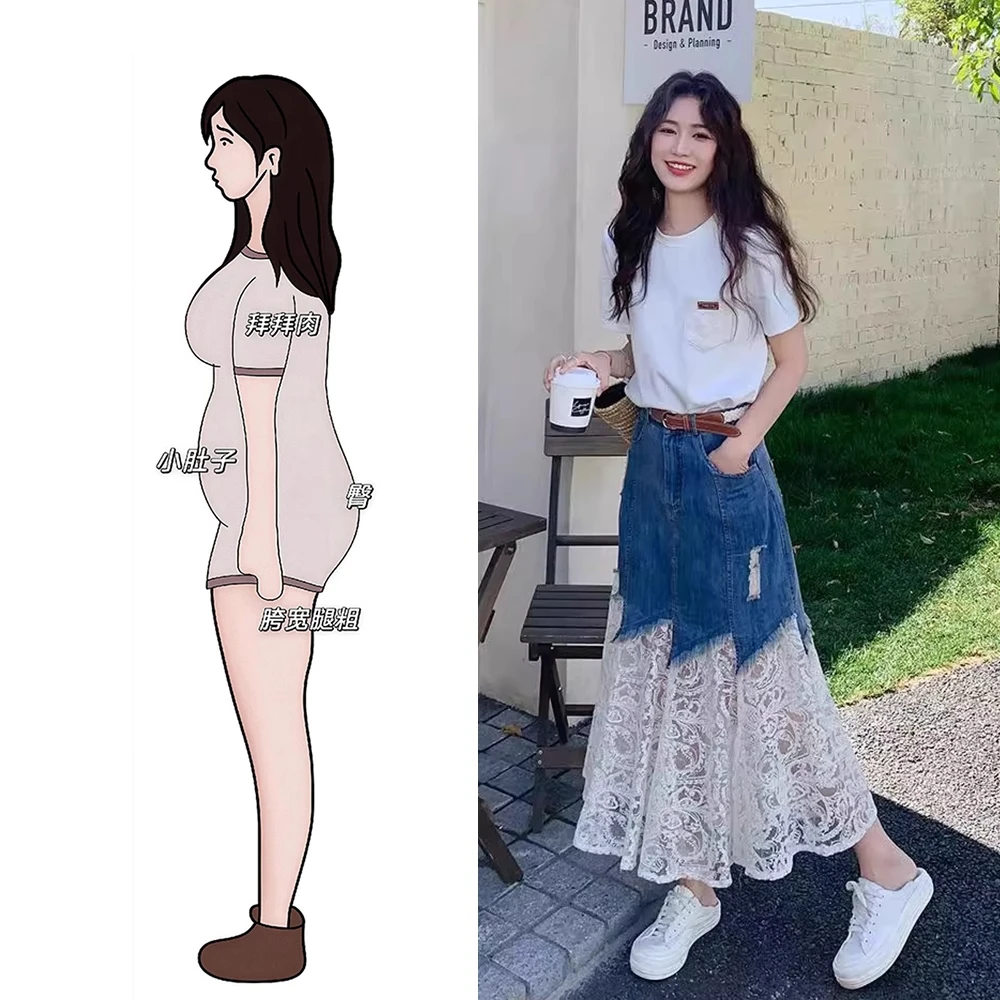 夏装搭配一整套大码胖mm短袖T恤蕾丝拼接牛仔半身裙减龄高级套装