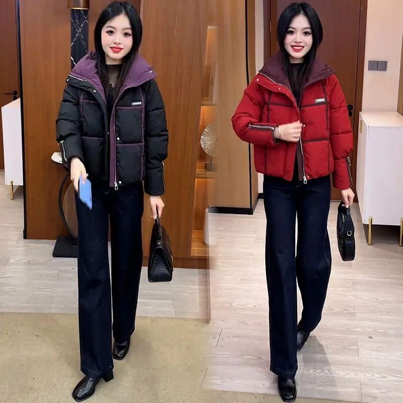时尚短款棉衣棉服女冬季新款洋气显瘦小个子撞色拼接保暖棉袄外套