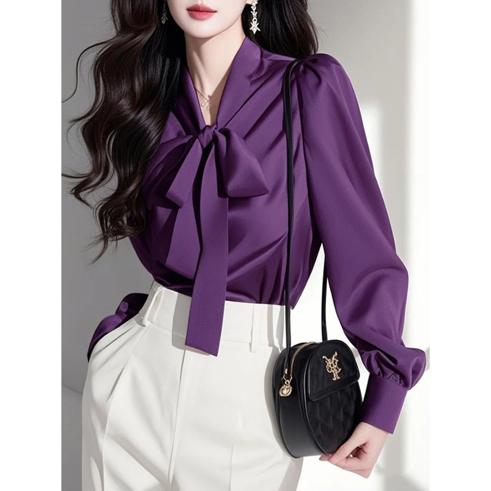 时尚优雅绝美紫色蝴蝶结缎面长袖衬衫女春秋新款洋气百搭遮肉衬衣