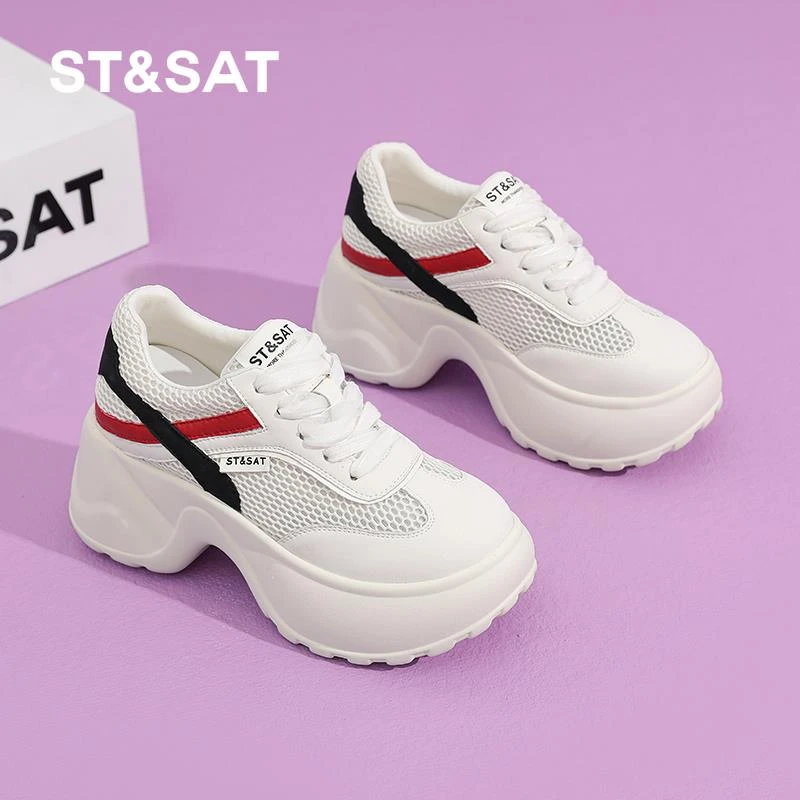 星期六厚底松糕鞋女小个子内增高老爹鞋女轻便网面透气运动休闲鞋