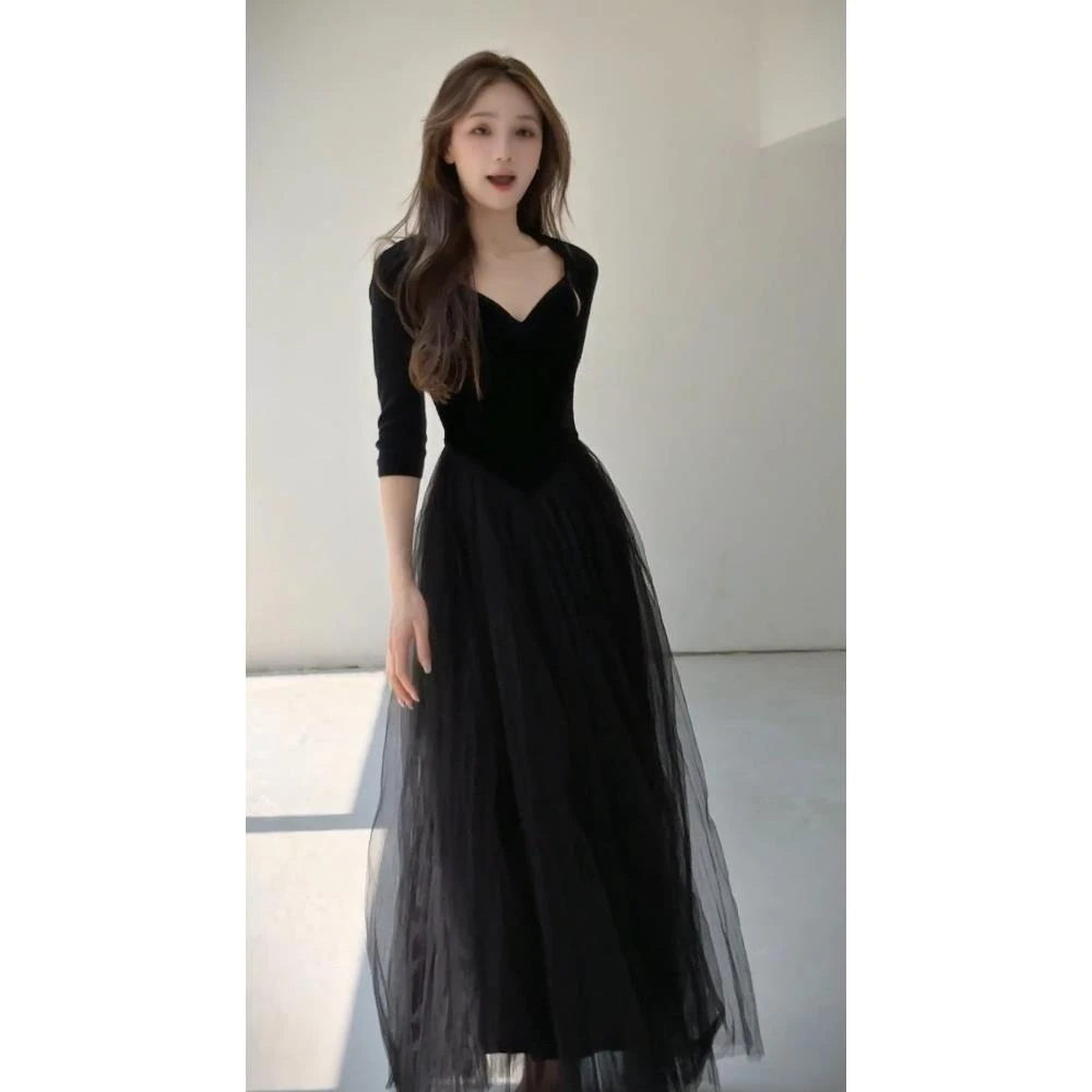 姐系贵感气质高端女神范秋冬法式小香风黑色长款吊带连衣裙套装秋