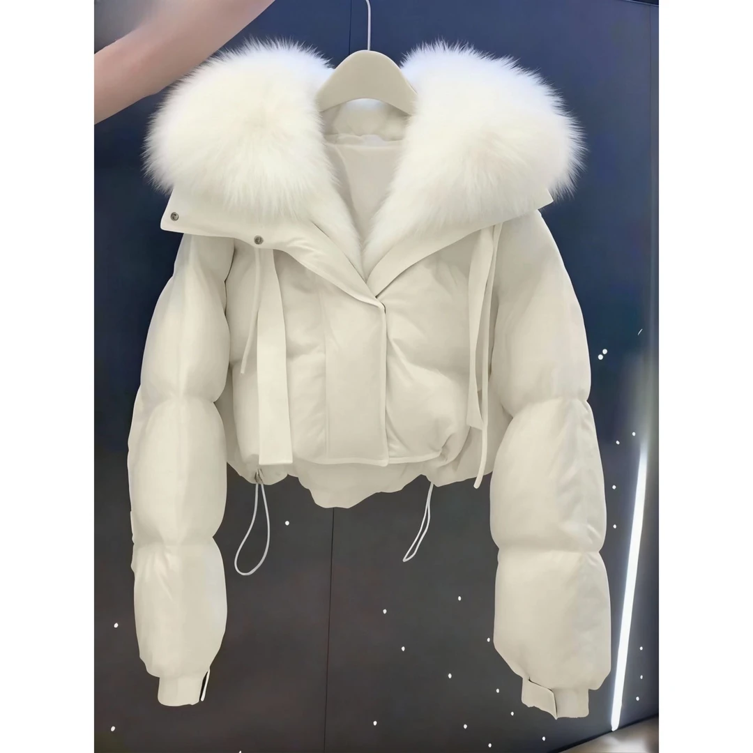 可拆卸大毛领白色羽绒服女冬季新款设计感小个子短款连帽鸭绒外套