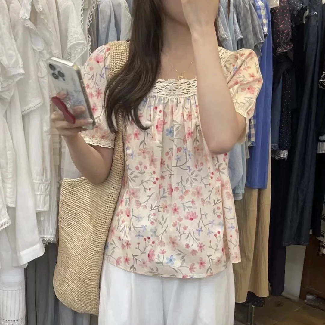 【四季】夏季新款方领蕾丝拼接碎花泡泡短袖衬衫时尚宽松气质小衫