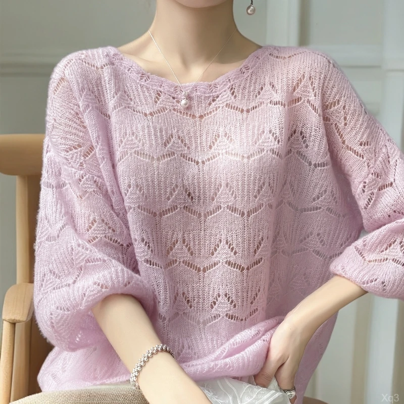 时尚百搭针织衫女2025夏季七分袖防晒罩衫慵懒风宽松休闲薄款上衣