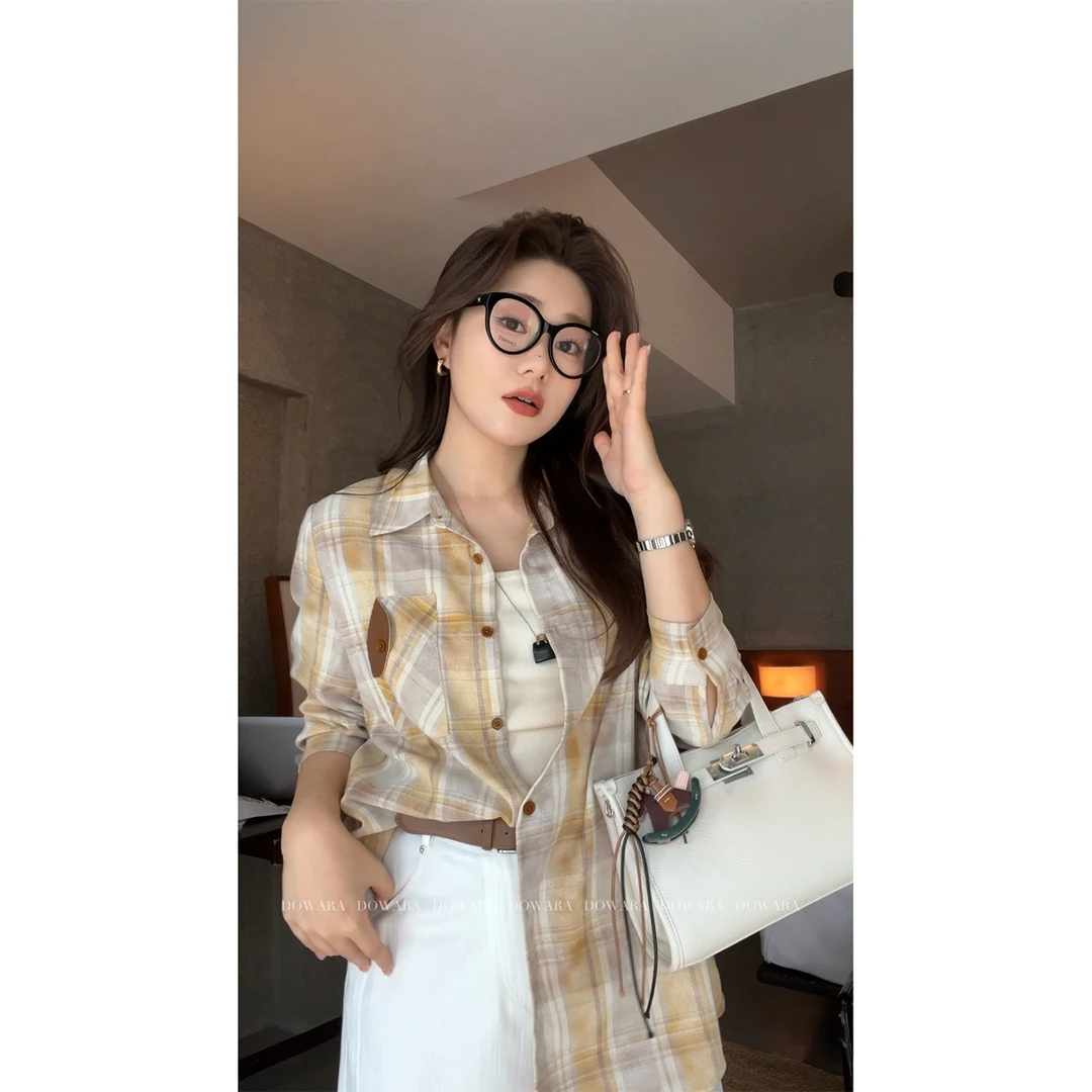 现货大婉酱微胖定制欧版时尚翻领格纹衬衫女春季单排扣上衣 6470D
