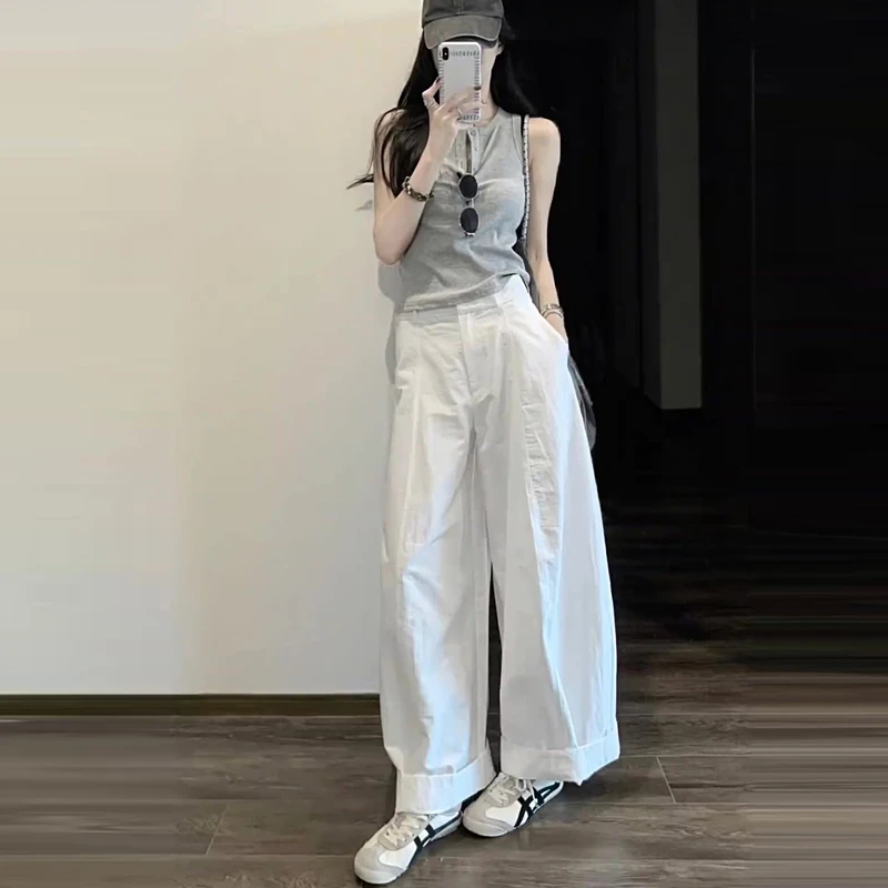 白色裤子女夏薄款2025新款小个子宽松慵懒显瘦阔腿裤