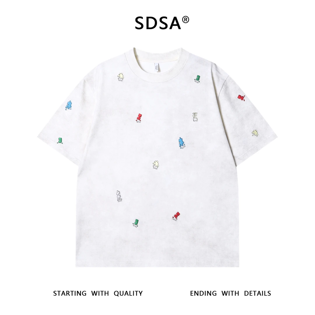 夏季高级感新款男士彩色刺绣拼图短袖T恤洒金简约时尚圆领上衣