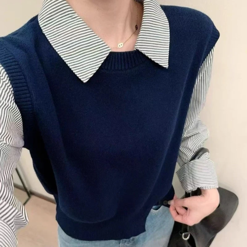 2025新款假两件撞色拼接条纹针织衫女秋季设计感轻职场通勤上衣潮