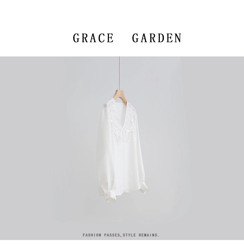 GRACE GARDEN【风信子！】精致V领刺绣长袖衬衫NCY5C0401