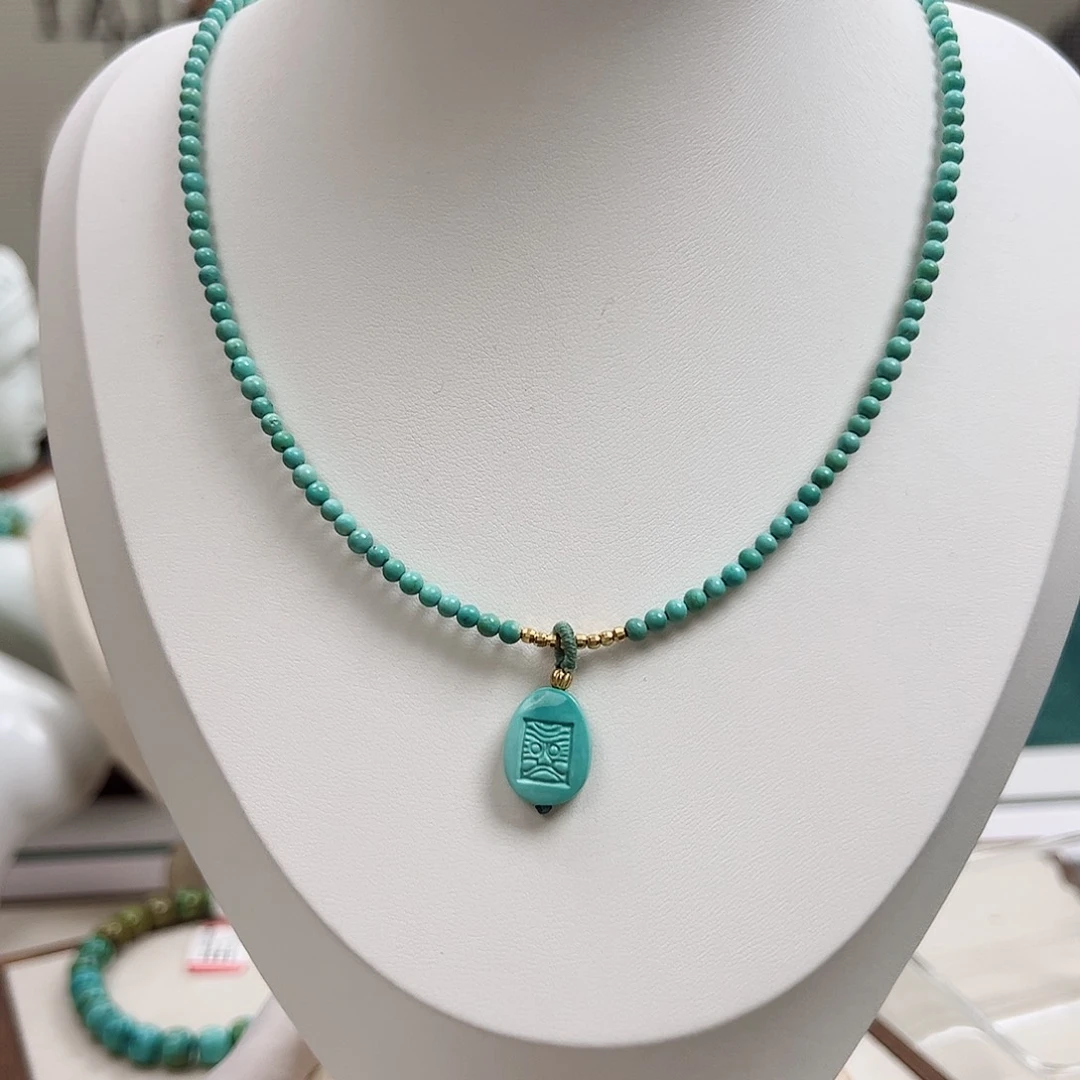 绿松石银S925镶嵌11圆形锁骨链卡3+