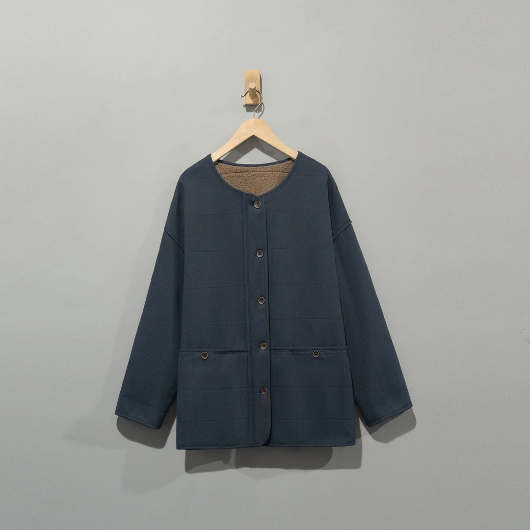 【且听风吟】0516175复古百搭圆领口袋加绒加厚棉服外套
