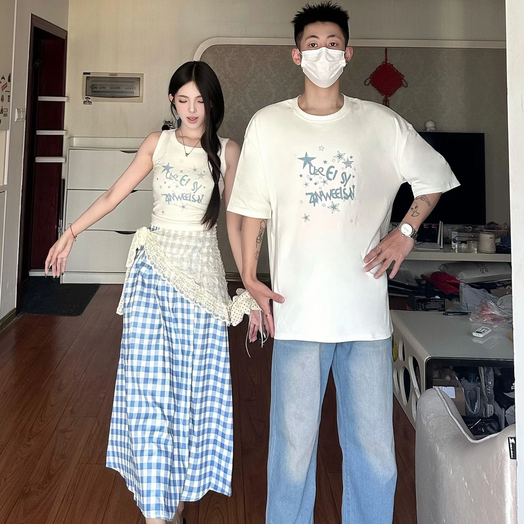 情侣装夏季美式潮流T恤圆领印花拼接宽松女格子半裙法式一裙一衣