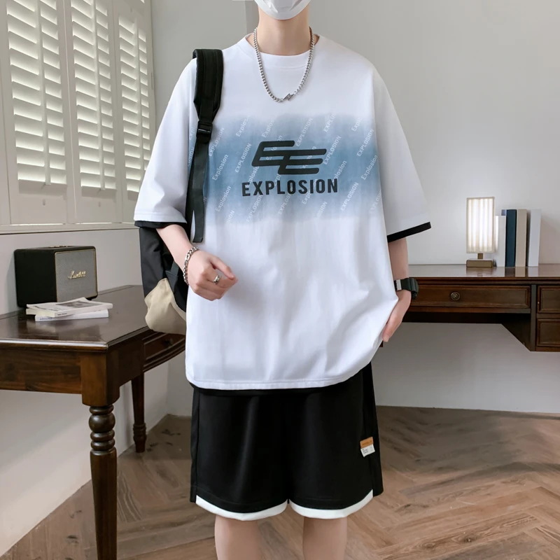 青少年运动套装夏季印花短袖T恤搭配裤子两件套轻薄透气休闲套装