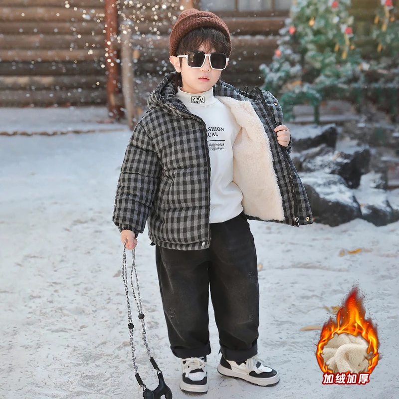 男童格子加绒棉衣2025冬季连帽外套儿童帅气加厚保暖苗傲男孩棉服