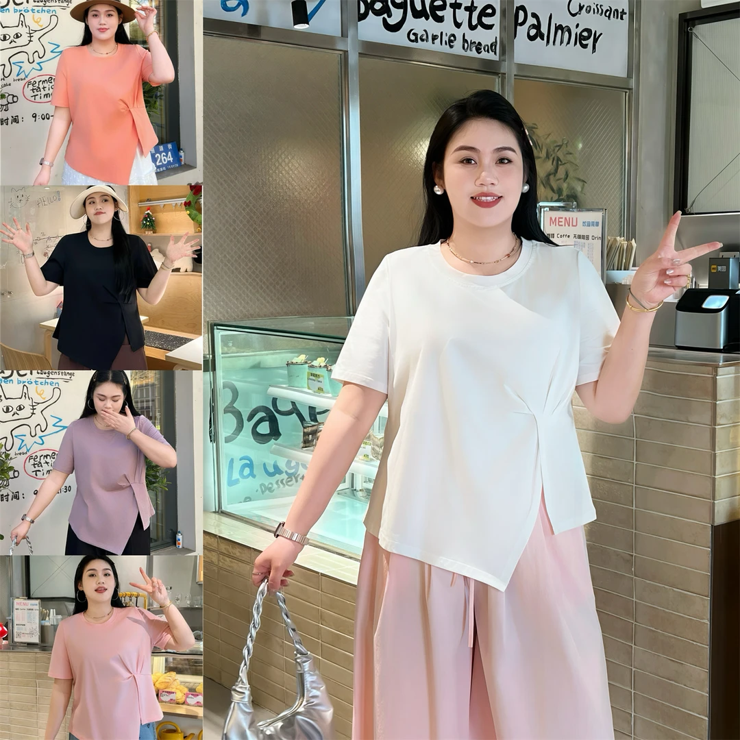 断码捡漏~浮冰气泡 /扭结设计款冰瓷棉短袖T恤14749花契200斤胖mm