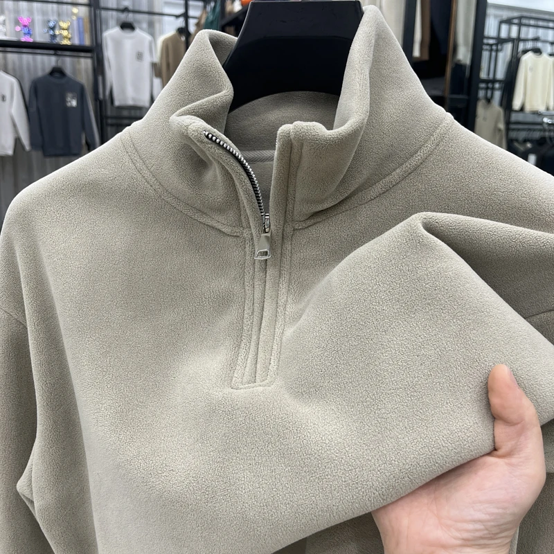 保暖纯色奥粒绒男士立领卫衣半拉链加厚外套秋冬季男款双面绒上衣