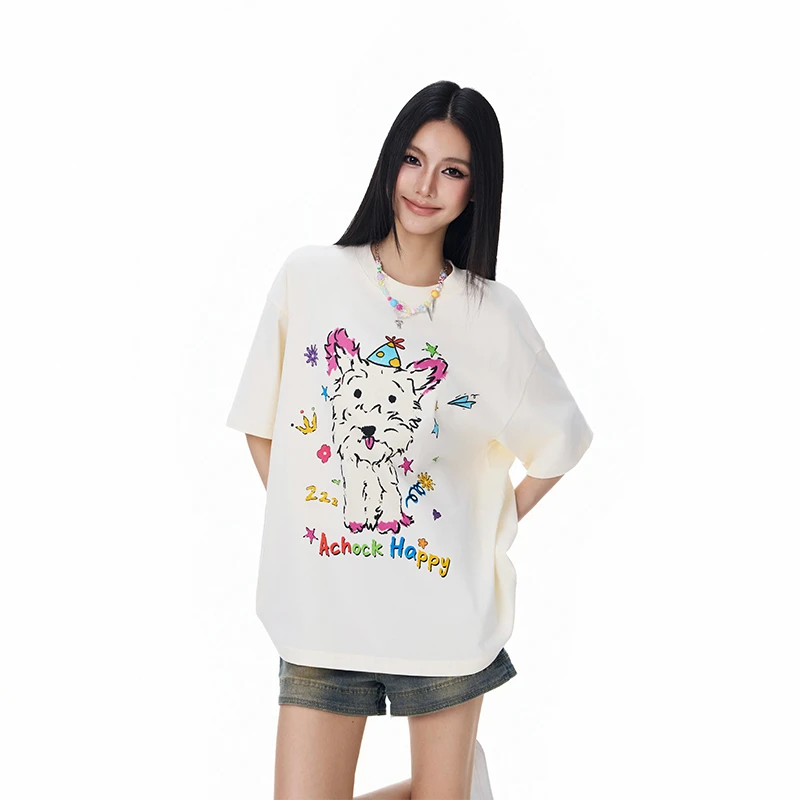 【Achock官方店】美式嘻哈卡通狗印花半袖T恤潮牌新款情侣短袖男