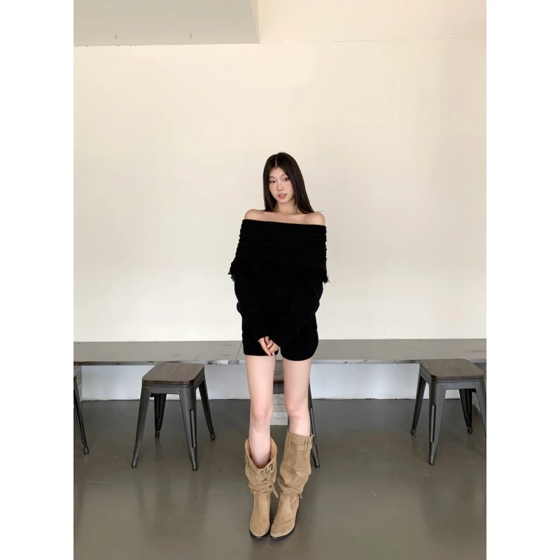 withmin凉皮 散漫艺术 一字肩翻边秋冬毛针织上衣短裤套装2524610