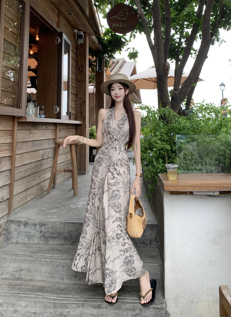【兰亭集序】复古印花交叉绑带挂脖连衣裙女小众气质水墨长裙子